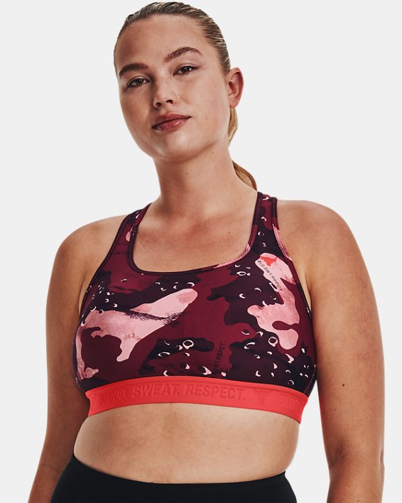 Women's Project Rock Printed Sports Bra, Red, pdpMainDesktop image number 1